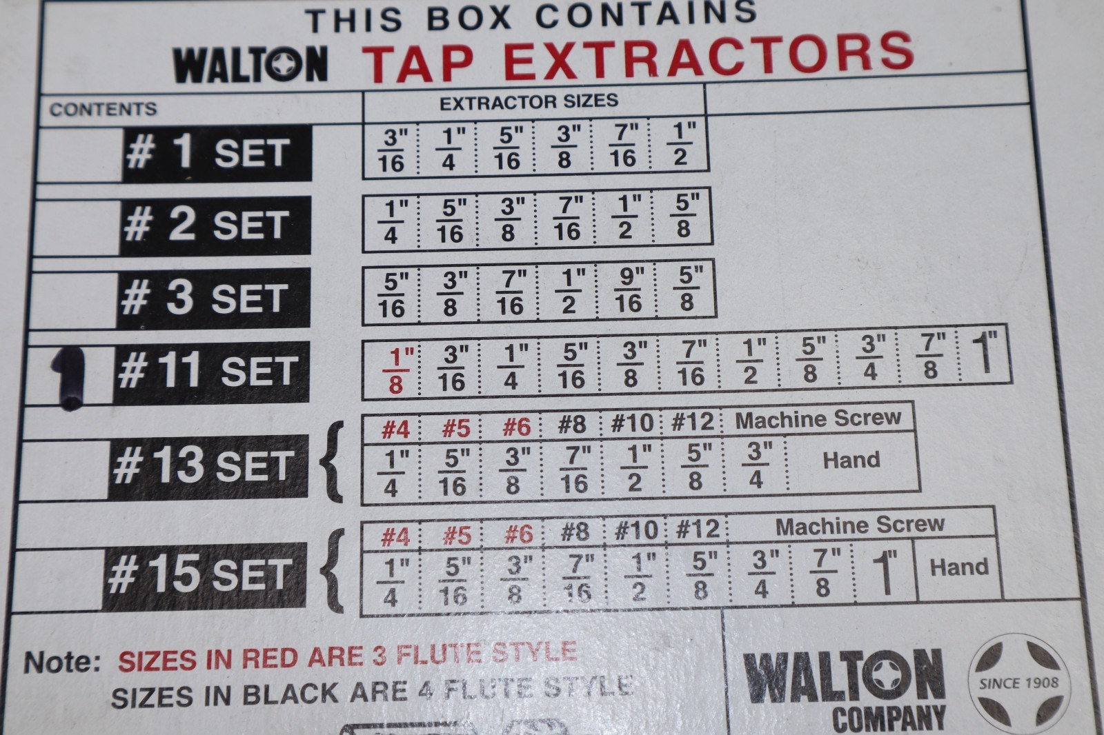 Walton Tools #11 Set of Tap Extractors 18011 11 Piece Set Flute Style New Case