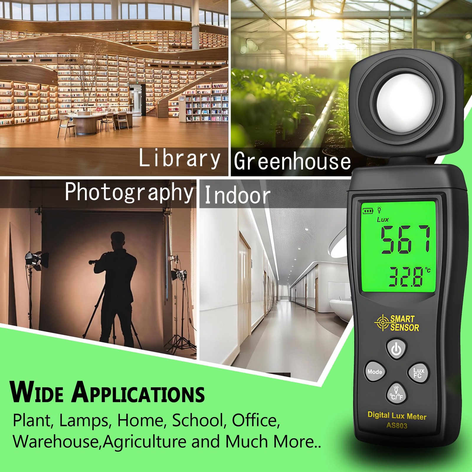 Digital Light Meter Backlit LCD Display Lux/Foot Candles Meter with 180º Rota…