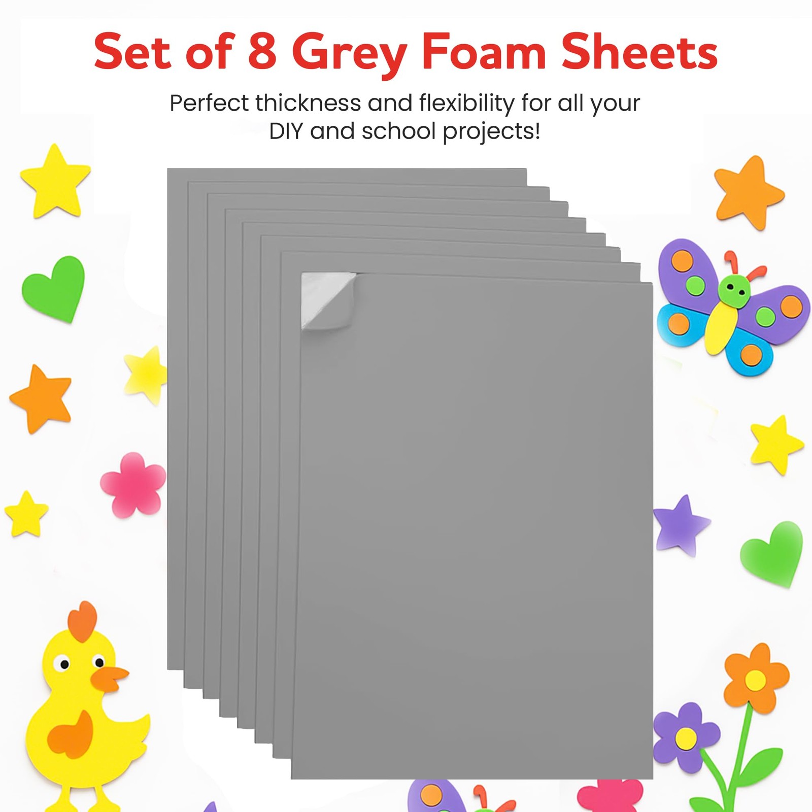 Self-Adhesive EVA Foam Sheets for Crafts – 2mm 6 x 9 inches, Grey – 8 Pack