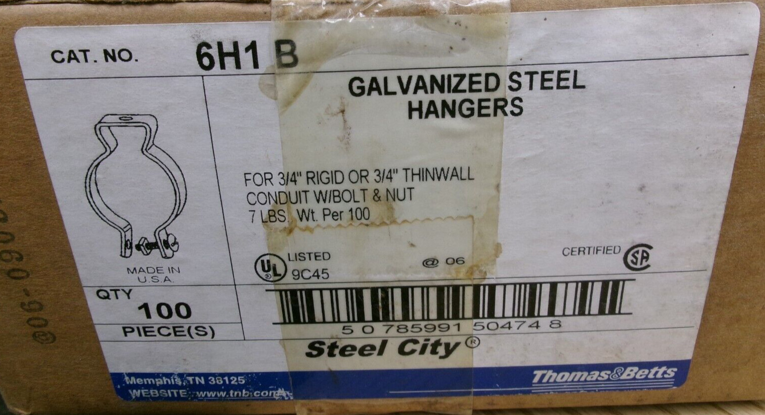 T & B 6H1 B GALVANIZED STEEL HANGERS 3/4″ W/BOLT & NUT BOX OF 100 PCS #188A