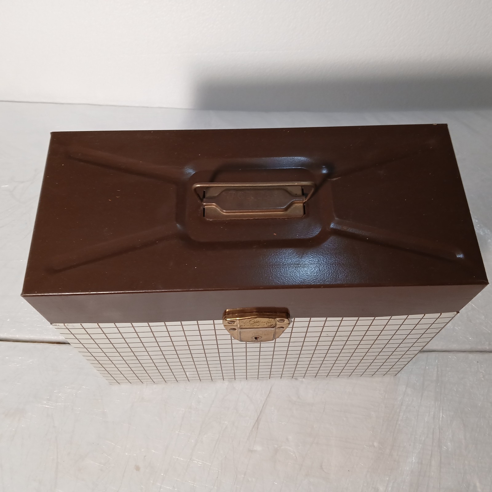 Vtg Ballonoff Porta File Metal Storage Record Box Brwn Grid Graph Pattern No Key