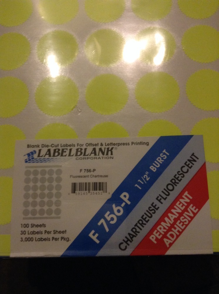 1 1/2″ chartreuse flourescent yellow circle burst labels, 3,000 total label, 100