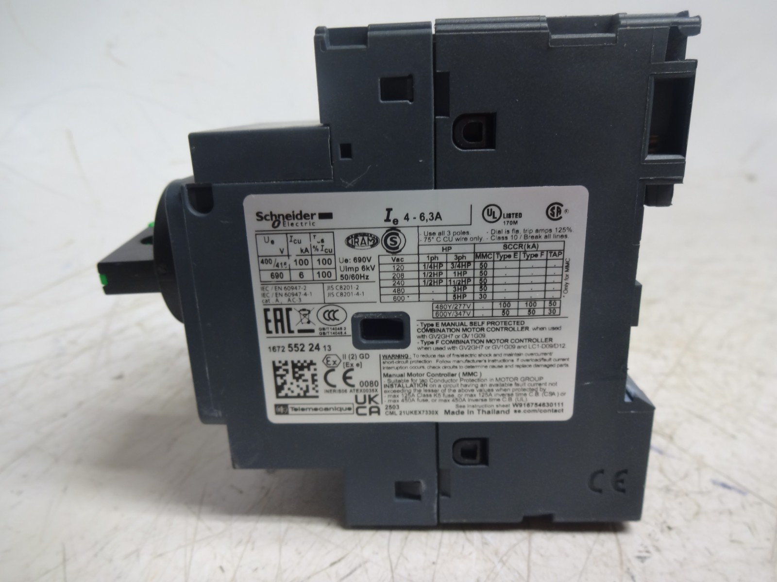 Schneider Electric GV2P10 4-6.3A Circuit Breaker / GVAN11 Auxiliary Contact