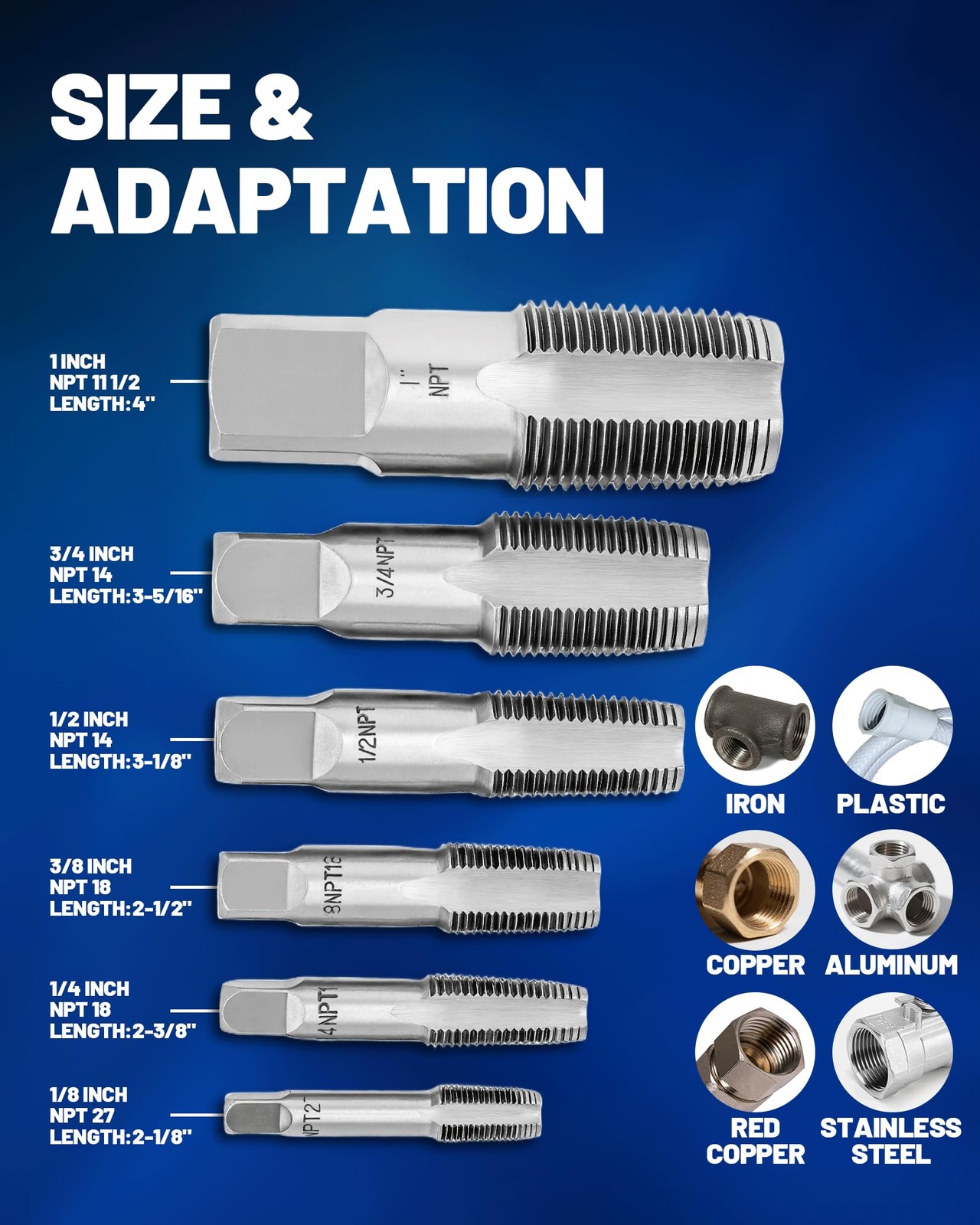 1/8″, 1/4″, 3/8″, 1/2″, 3/4″, 1″ NPT Tap Set, GCr15 Threading Plumbing Tap Se…