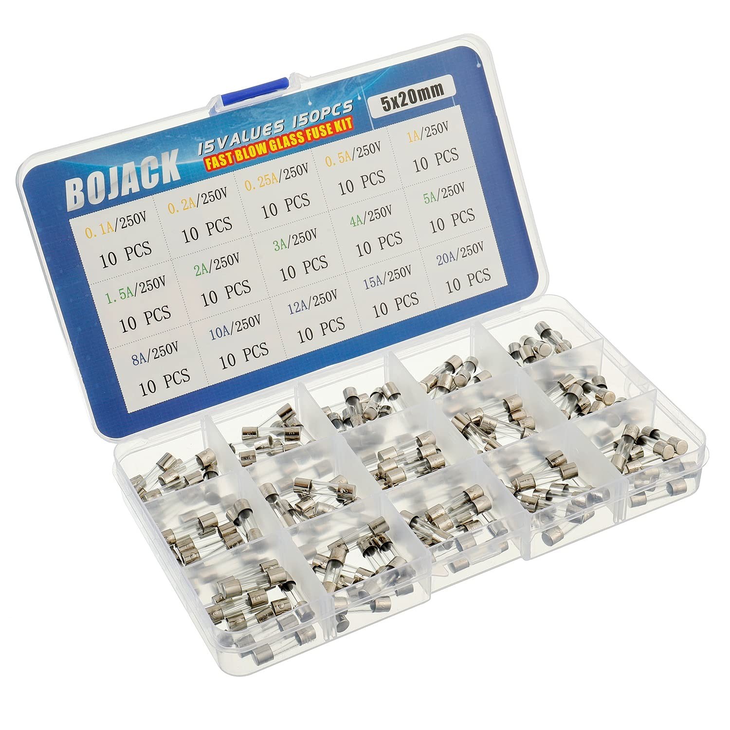 BOJACK 15 Values 150 pcs Fast Blow Glass Fuses Assortment Kit 5×20 mm 250 V 0.1