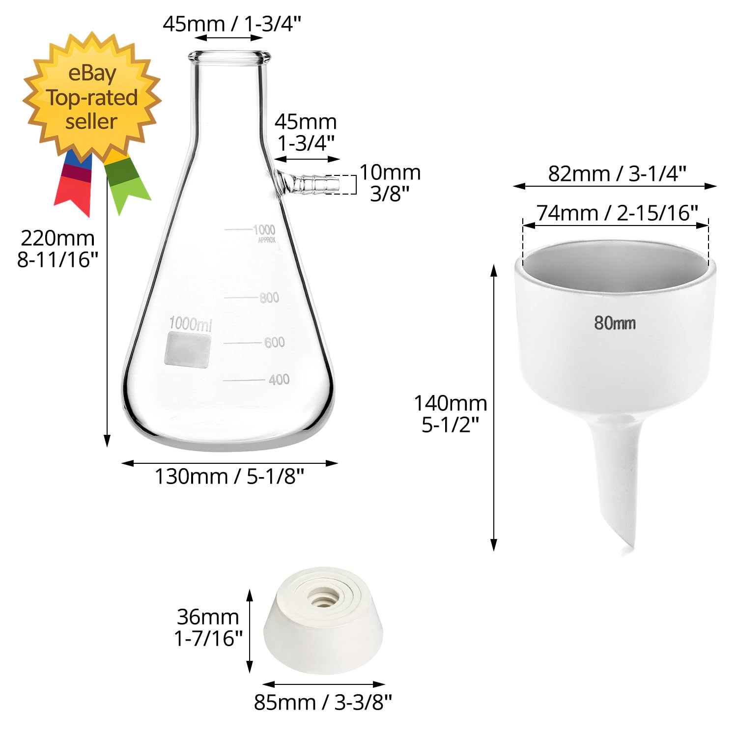 1000ML Buchner Funnel Kit Filter Flask Set 1L Vacuum Flask 80Mm Funnel