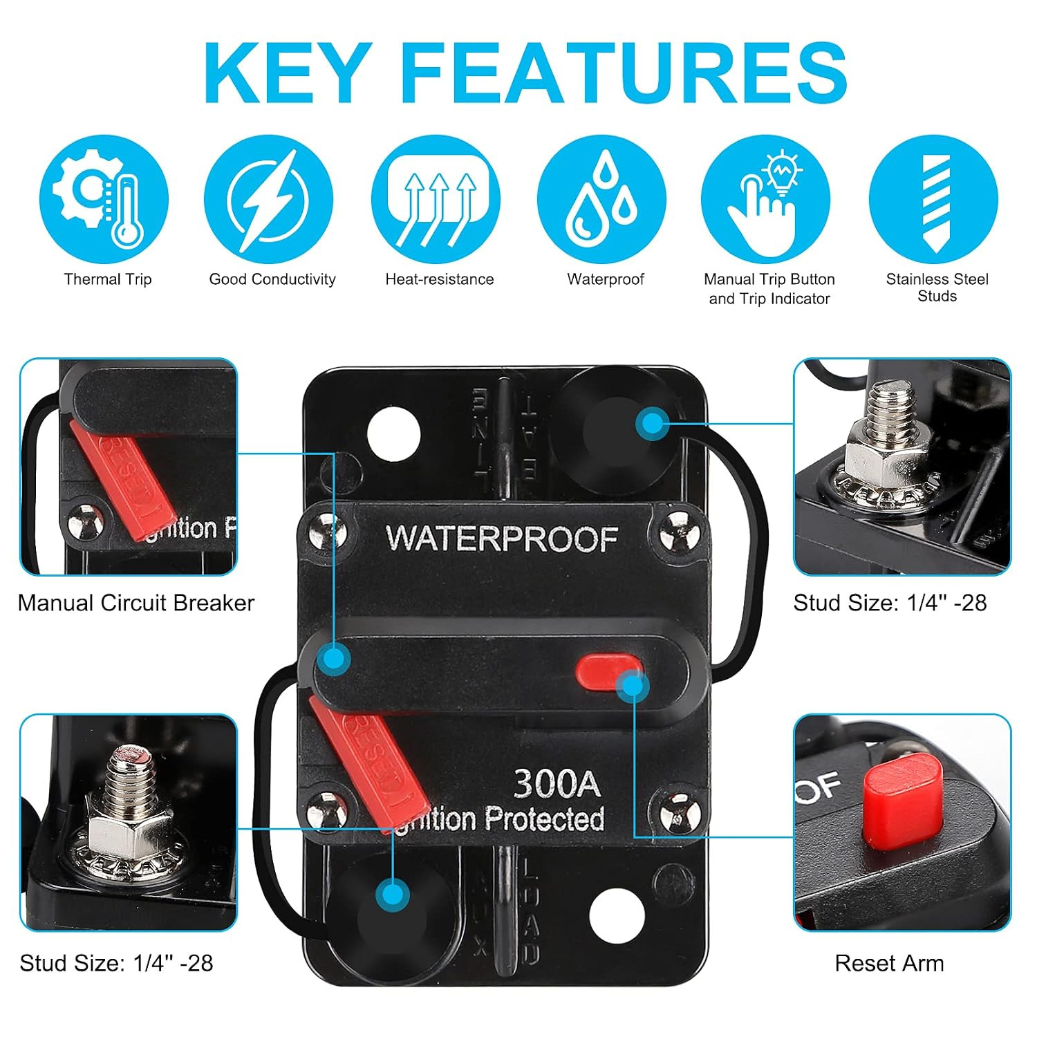 300 AMP Waterproof Circuit Breaker,With Manual Reset,12V-48V DC,30A-300A