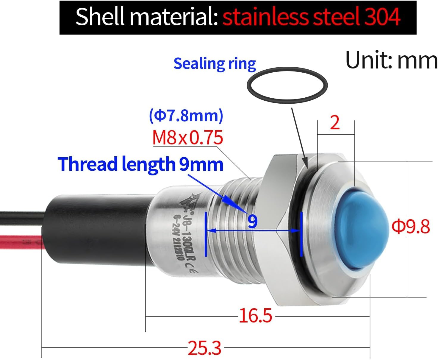 UL Listed Mini Indicator Light 8mm 0.31 Inch Waterproof Domed Metal Stainless