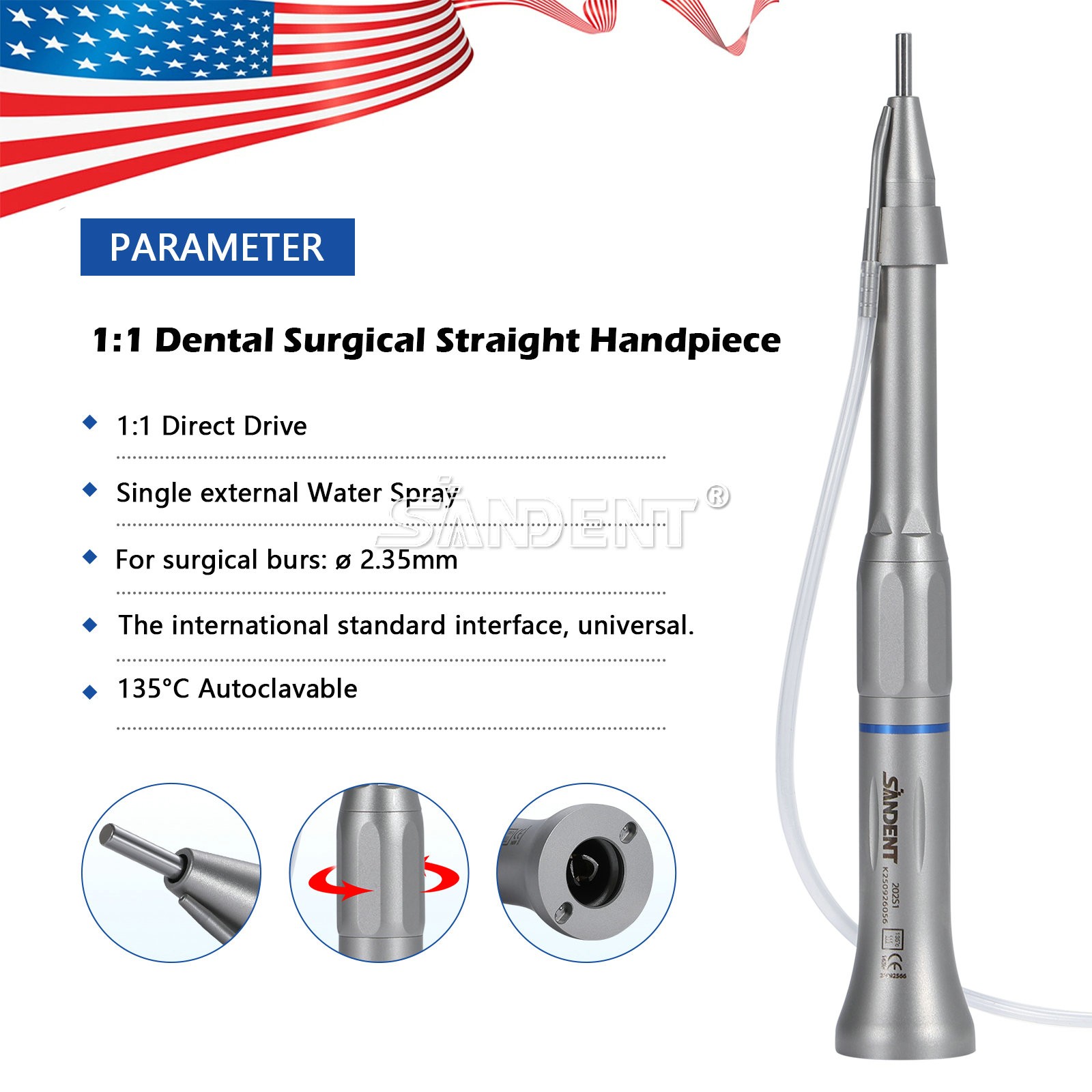 SANDENT Dental Surgical Straight Handpiece 1:1 Direct Drive Micro Surgery E-type