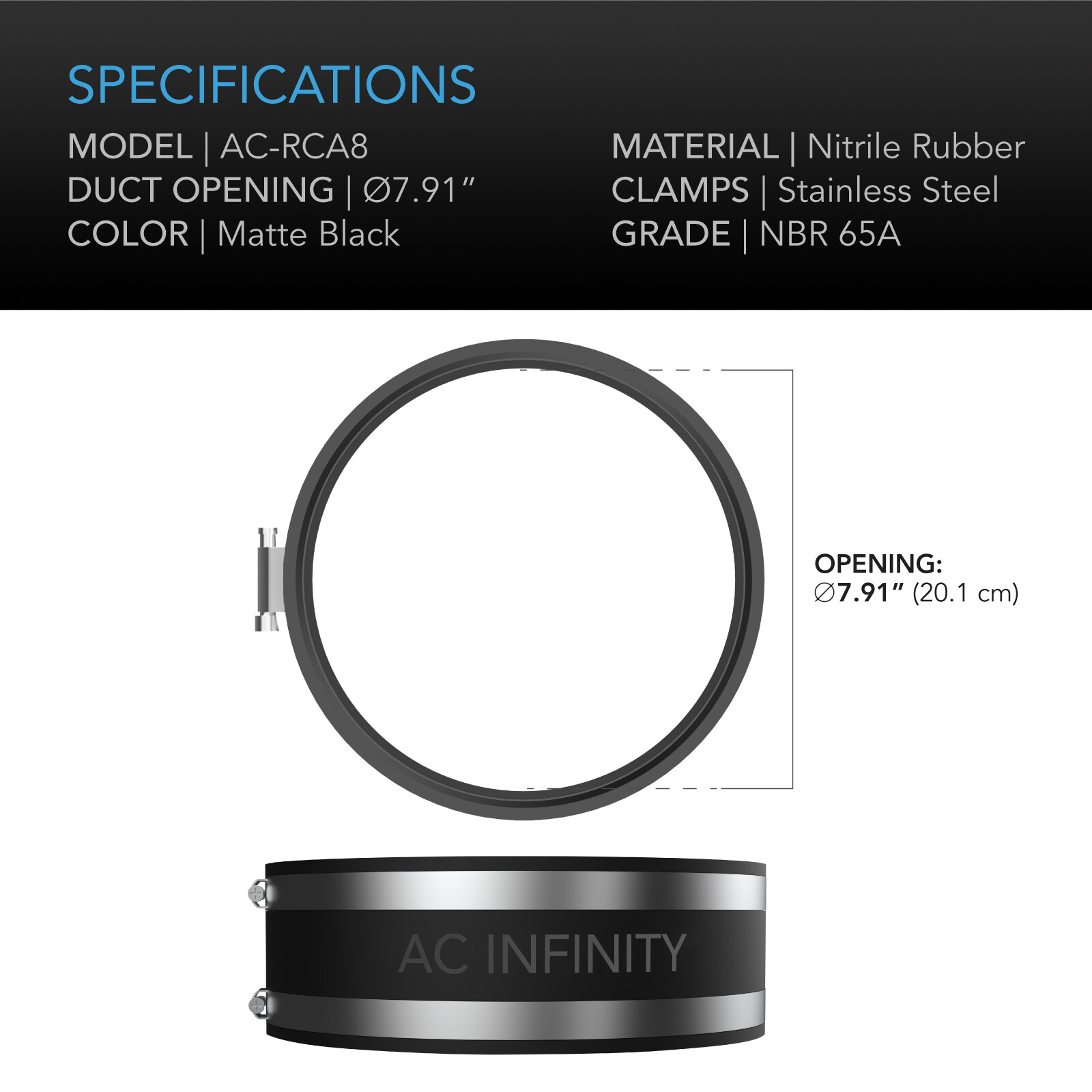 Noise Reduction Clamp, 8-Inch Rubber Duct Coupler with Stainless Steel Clamps