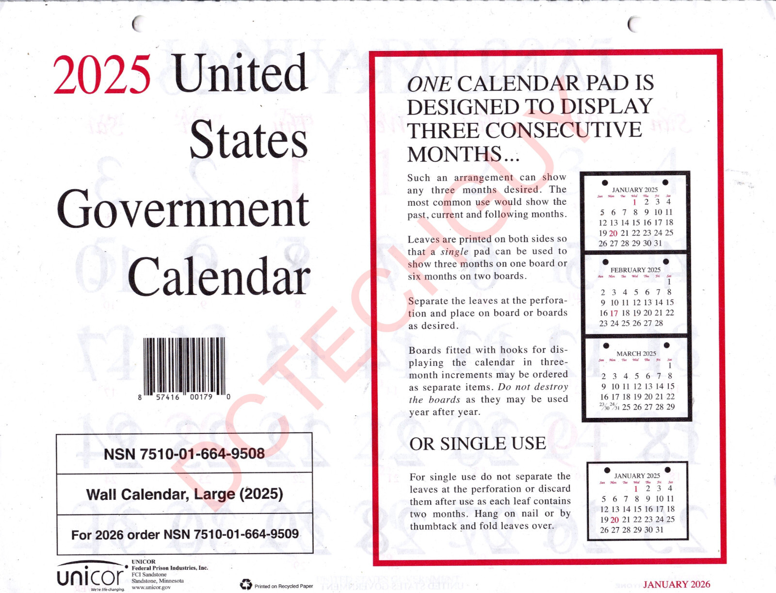 Unicor 2025 Fed Wall Calendar, Qty=1, Individual, Single, Displays 3 Months …