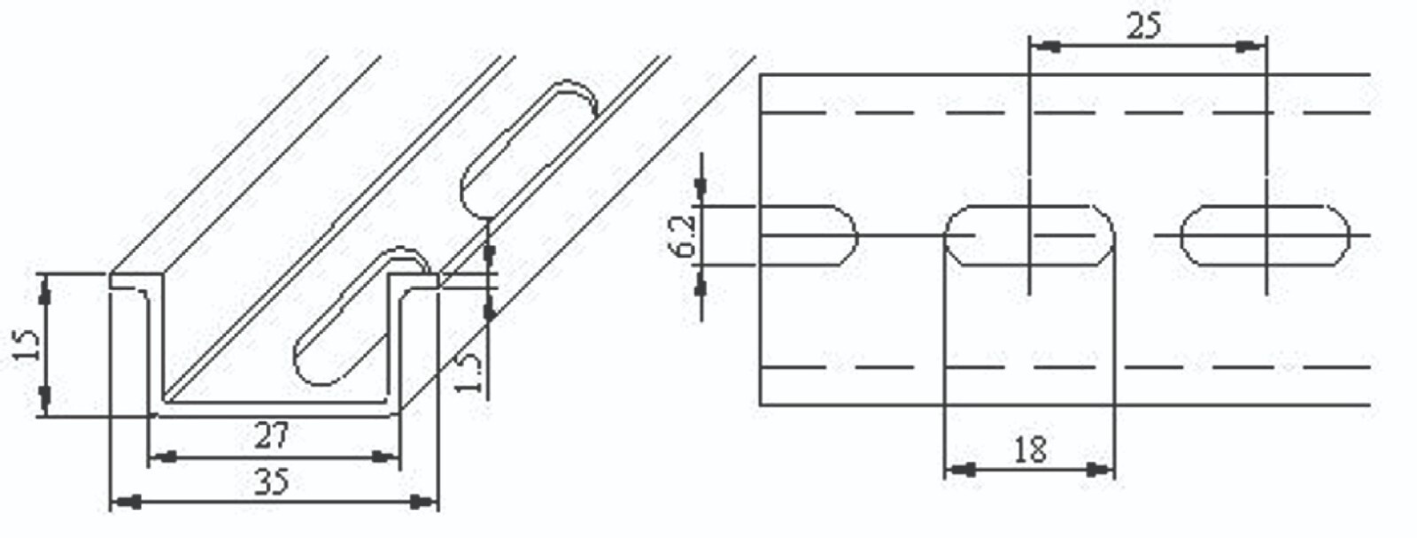 10 pieces DIN Rail Slotted Steel, RoHS Compliant, 35mm x 7.5mm, 1 Meter