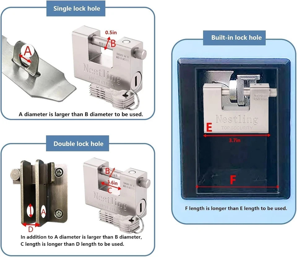 94Mm Padlock with Key, High Security 5 Keys Heavy Duty 1.1 KG D-Shaped Solid Bra