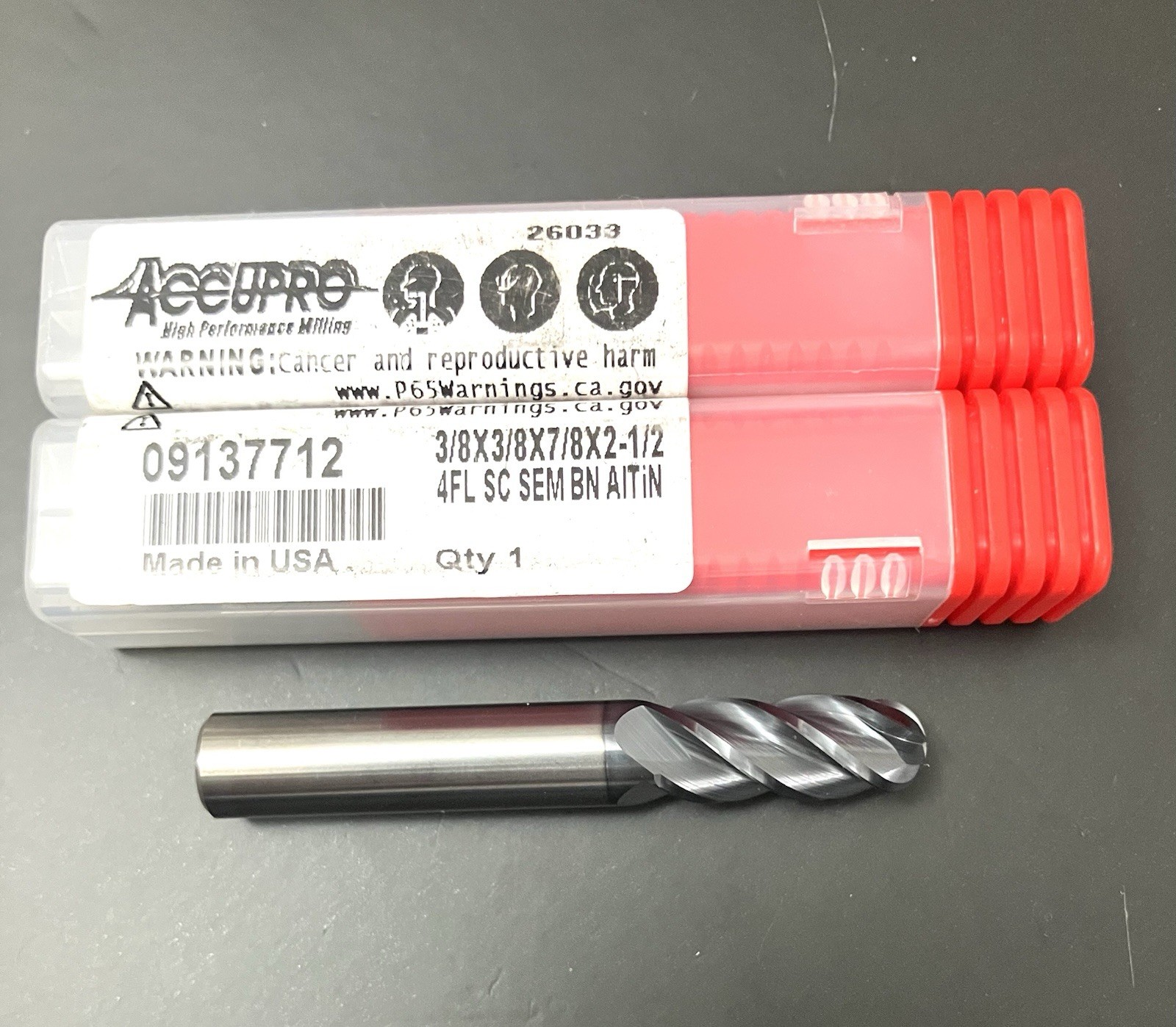 Accupro 09137712 3/8″ 4 Flute Ball End Mill Solid Carbide AlTiN CNC New