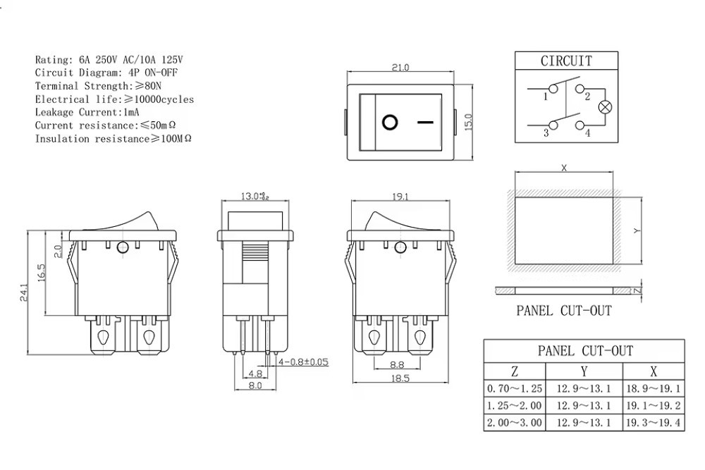 KCD1 Rocker Switch 4-Pin DPST On/Off 6A 250VAC 10A 125VAC Snap-In 2/5/10 Pks