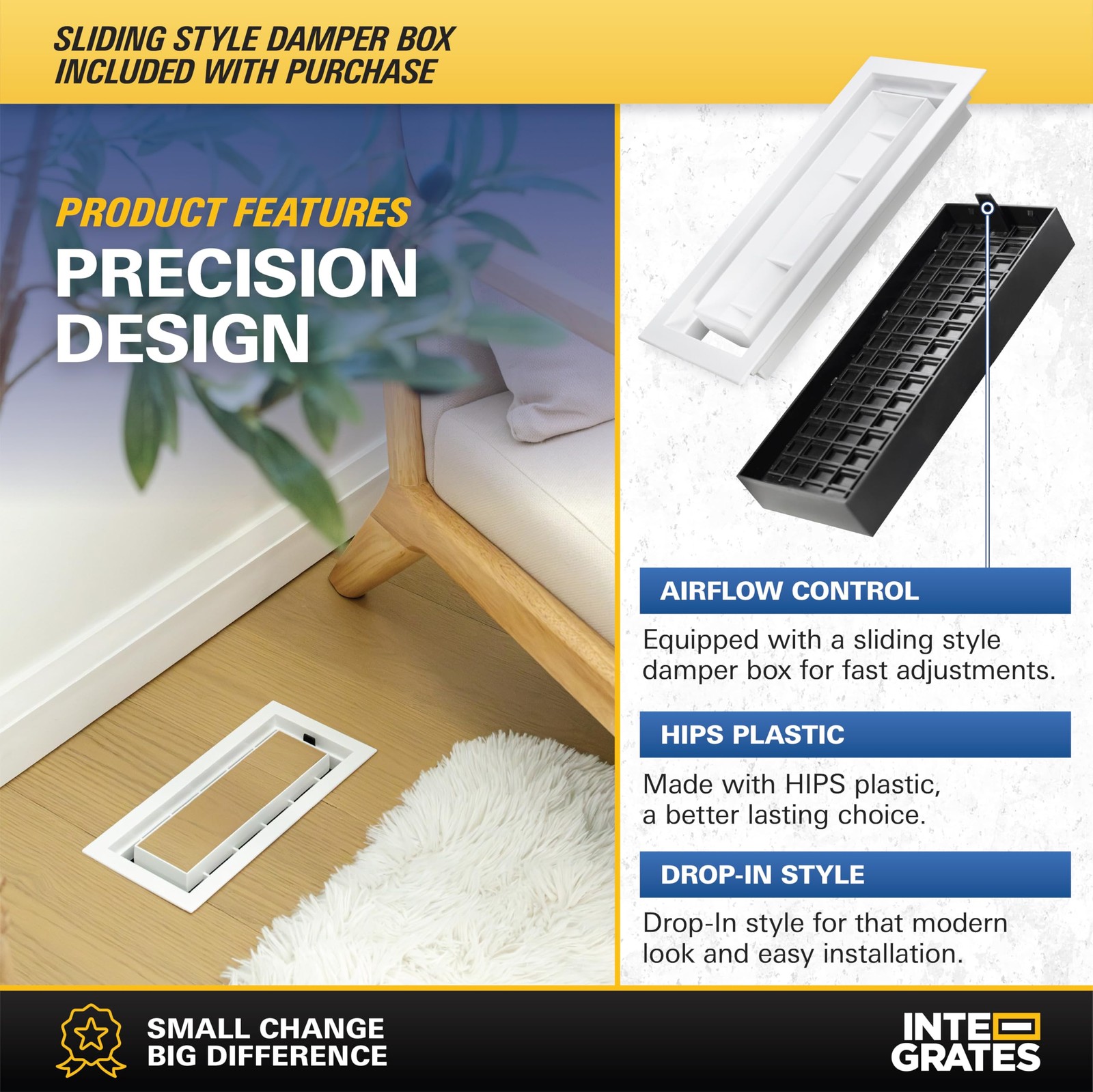 Inte-Grates Drop-in Matching Floor Register – 4×10 Inch Floor Vent Cover, Fits