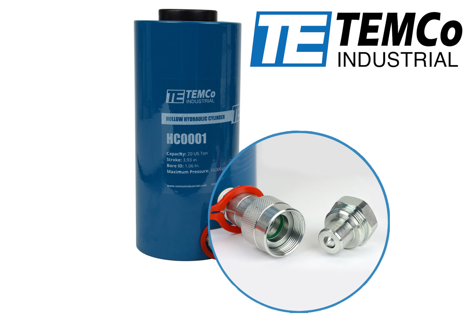 TEMCo Hollow Hydraulic Cylinder Ram 20 TON 4 In Stroke 5 YEAR Warranty