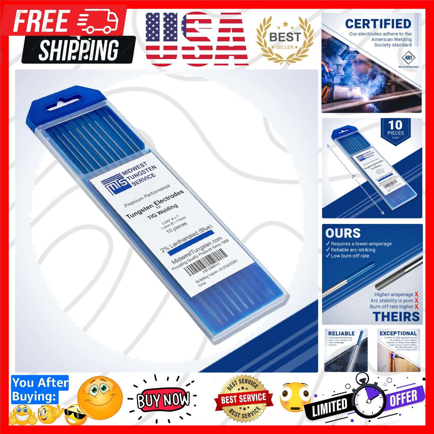 TIG Welding Tungsten Electrodes 10-Pack Blue – 2% Lanthanated Tungsten WL20/E…