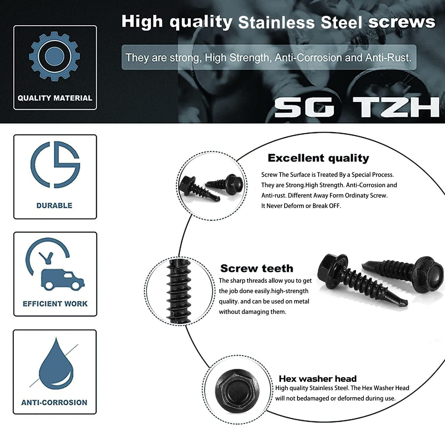#10 X 3/4″ Sheet Metal Screws 100PCS 410 Stainless Steel Hex Washer Head Tek Scr