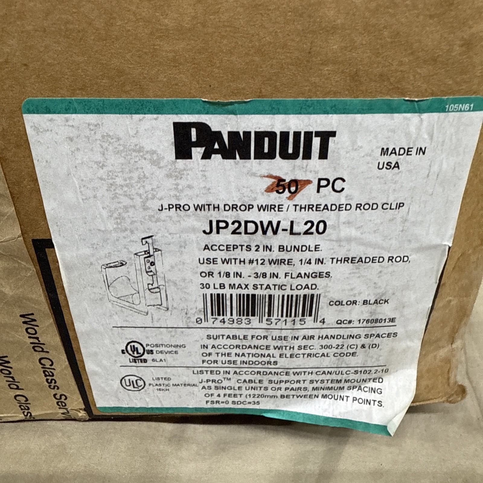Lot of 47 Panduit JP2DW-L20 J-Pro Cable Support Drop Wire &Threaded Rod Clips