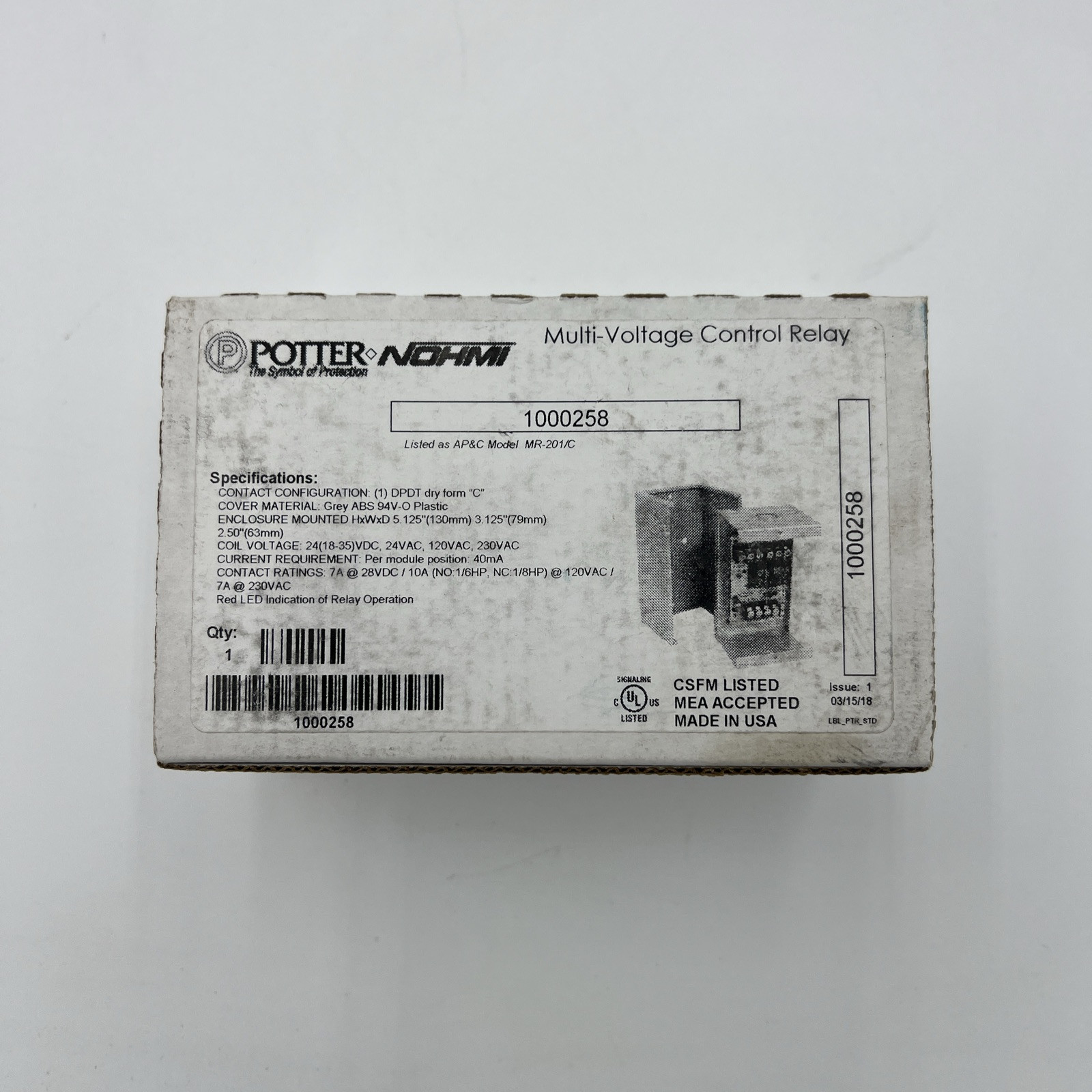 POTTER NOHMI Multi Voltage Control Relay #1000258