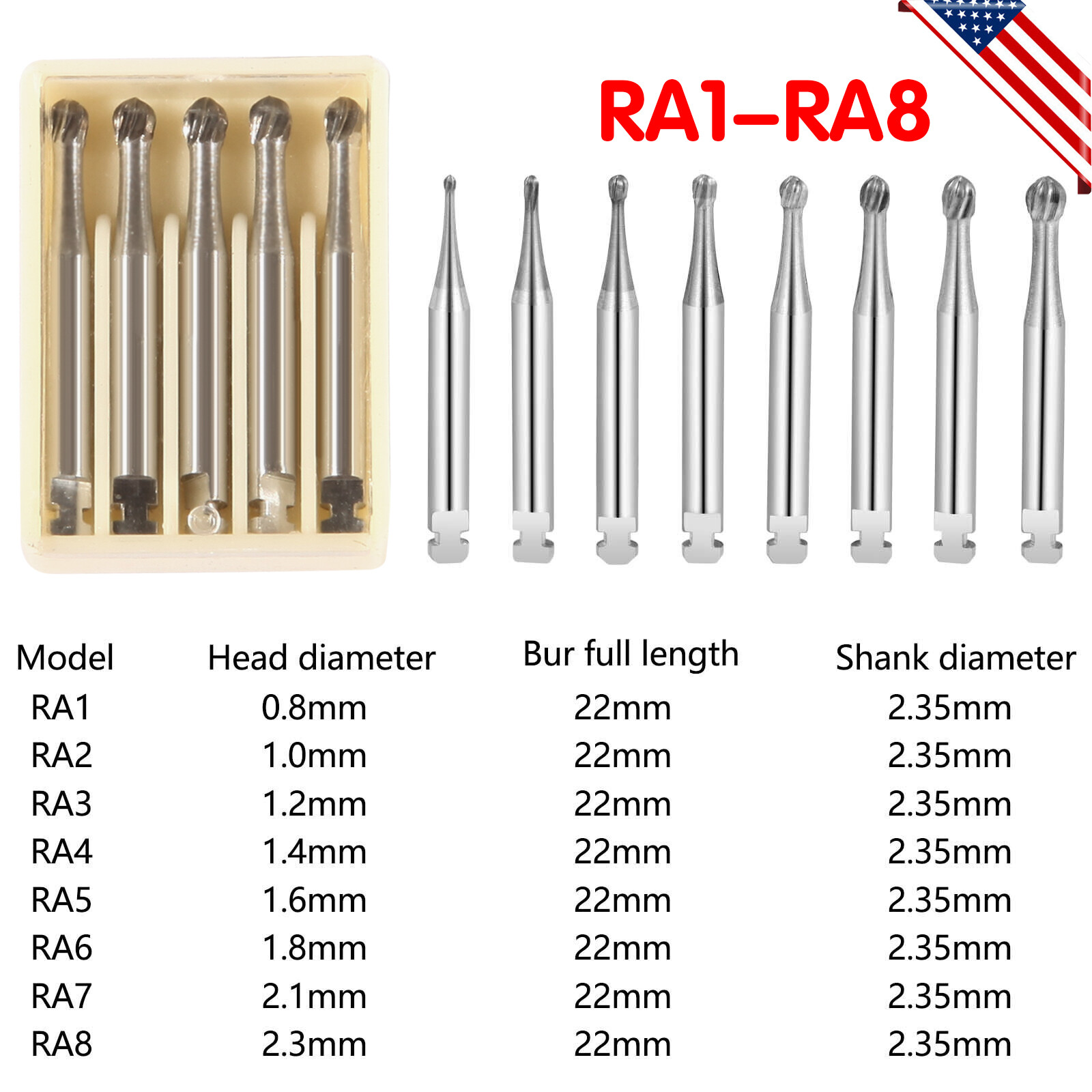 5pcs Dental Round Carbide Burs RA 1-8/ Latch Type Contra Angle Handpiece