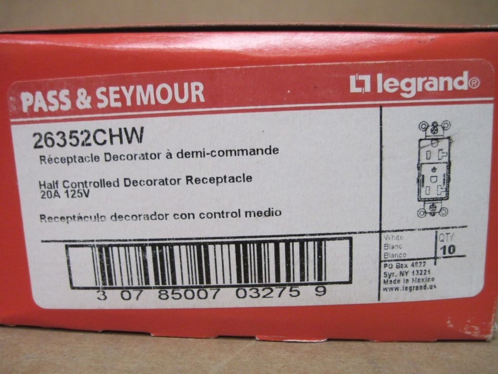 Legrand 26352CHW White Half Controlled Duplex Receptacle 2p 3w 5-20R **BOX OF 10