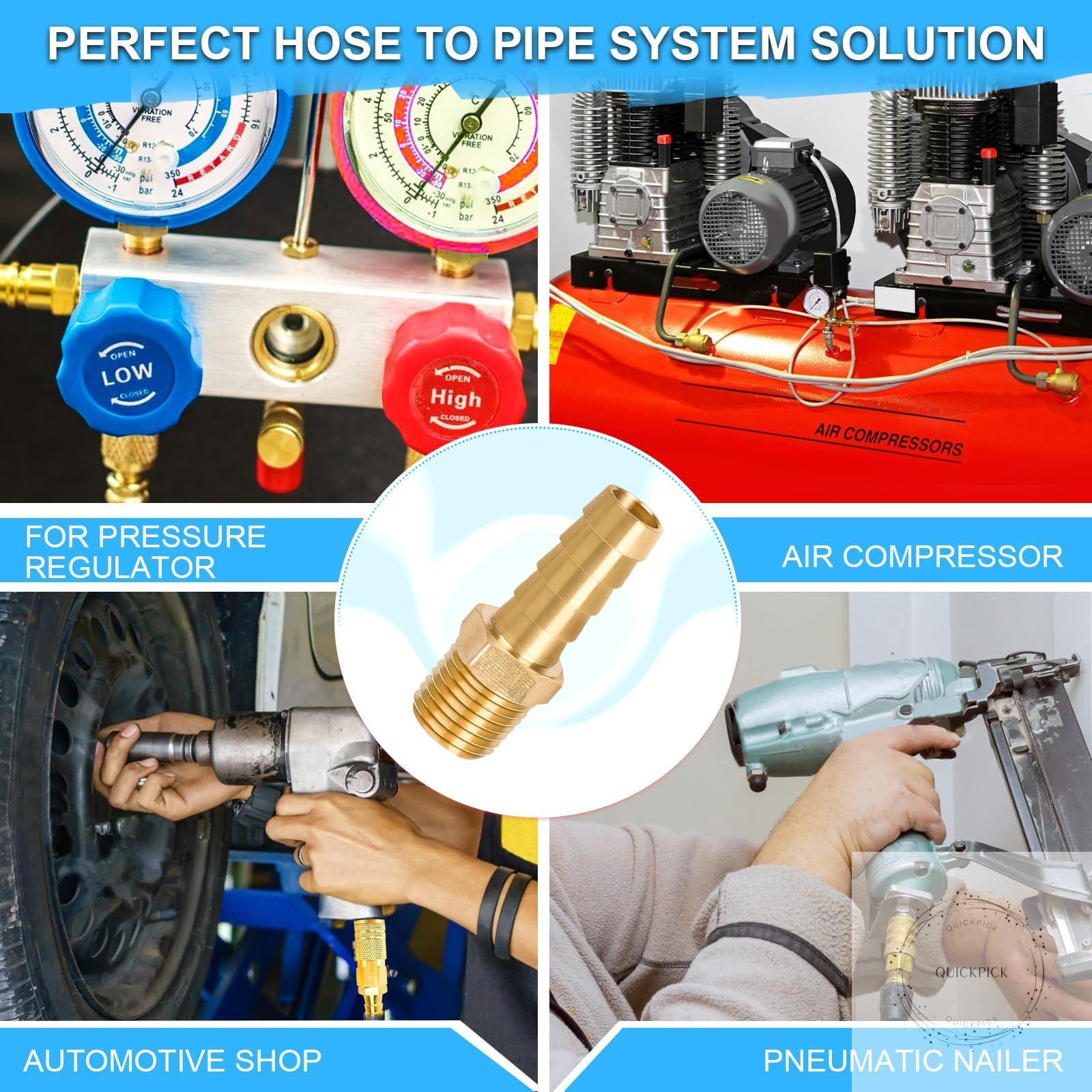 6 Pcs Brass Hose Fittings, 1/4 NPT to 3/8 Barb Barbed Hose Fittings, Male Thread