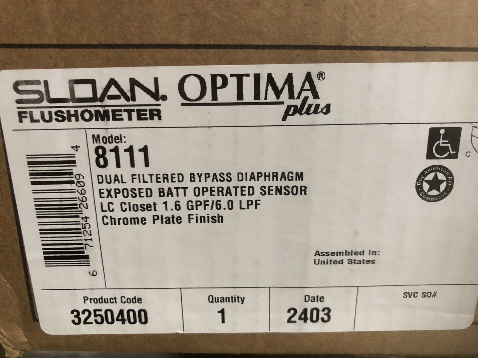Sloan 8111 Optima Plus Closet Flushometer 3250400