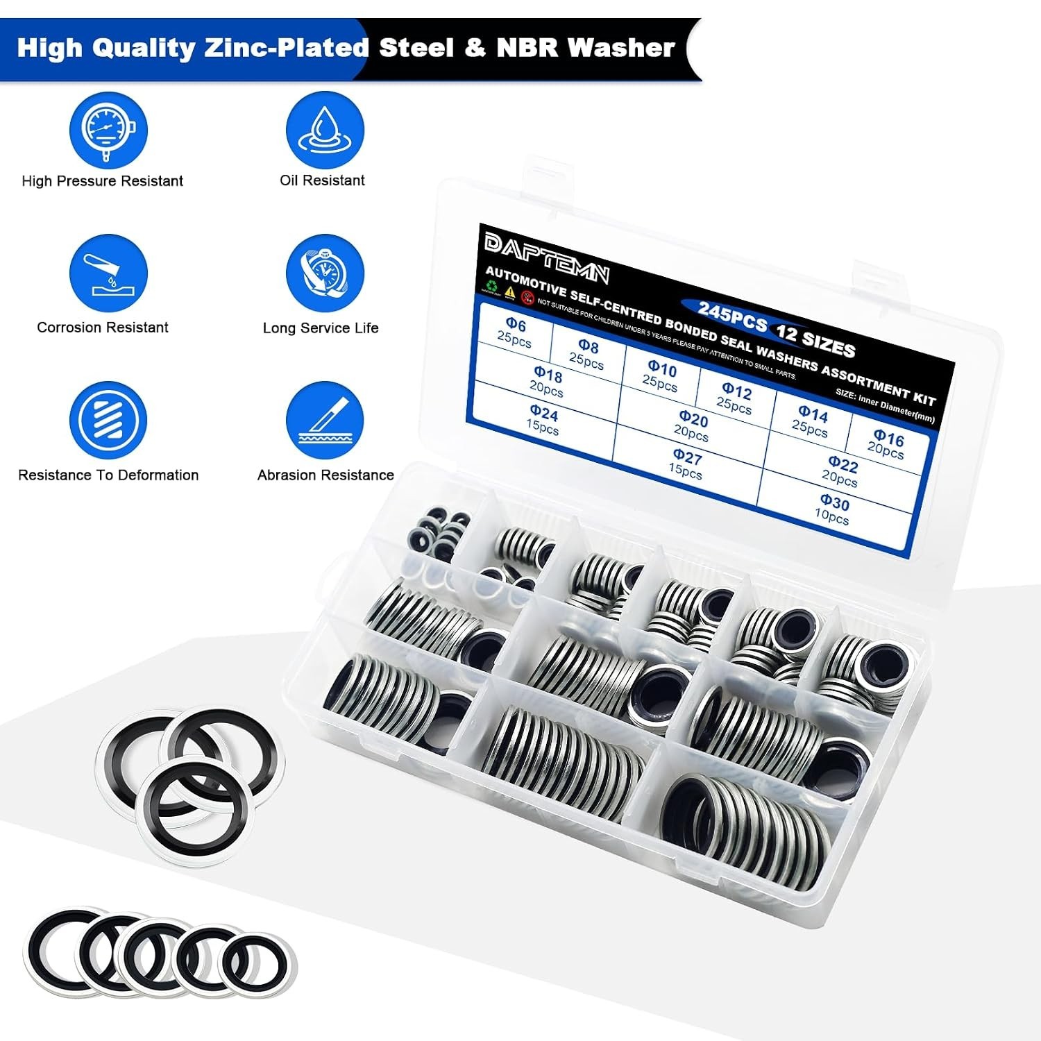 245PCS Metric Bonded Sealing Washers, 12 Sizes Rubber Washers Kit | NBR Metric Z
