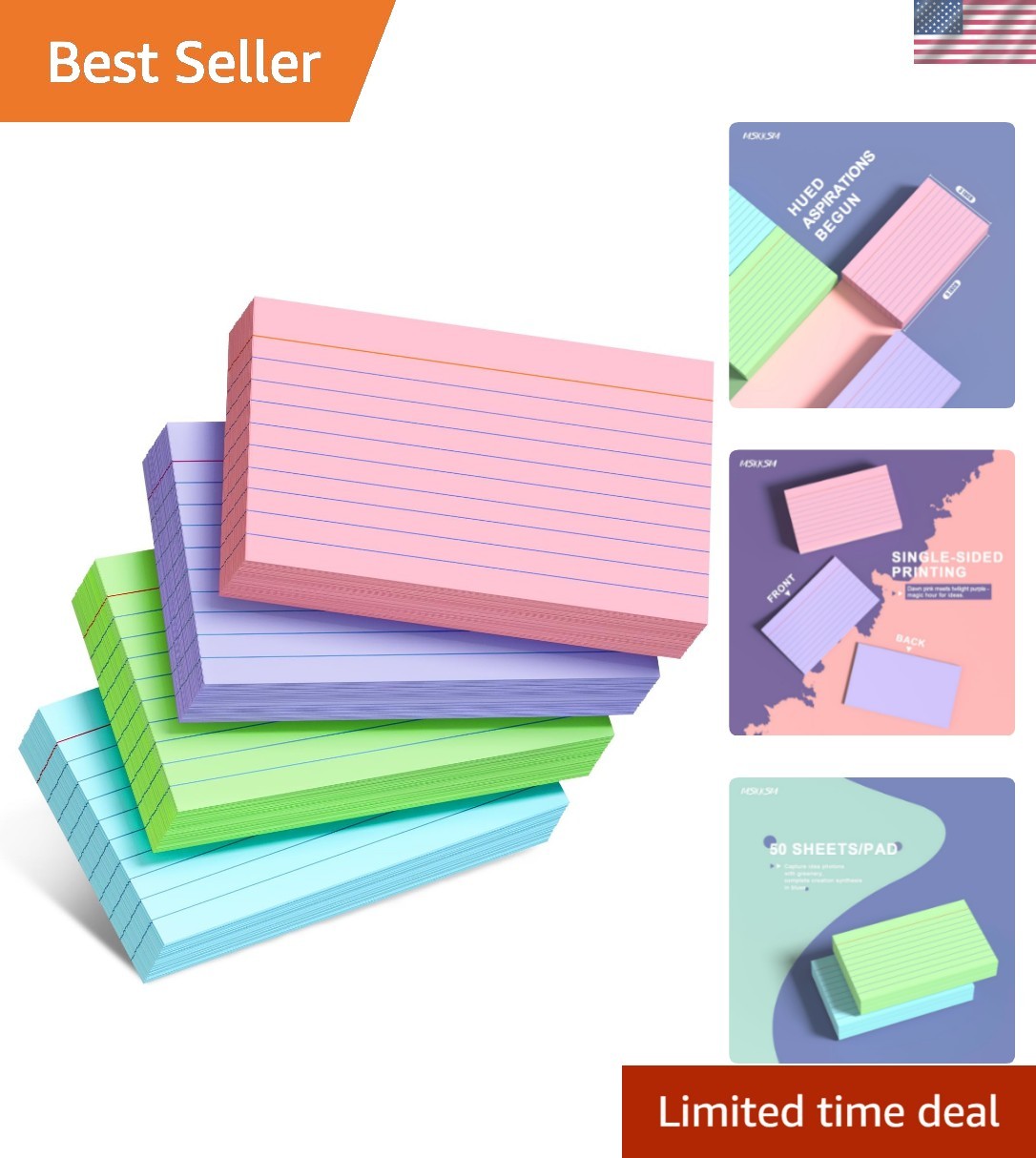 Colored Index Cards 3×5 Inch – 200 Count, Ruled Index Flash Cards for Studyin…