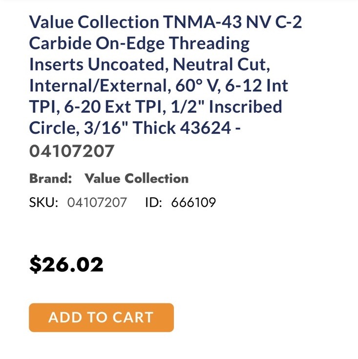 TGI USA TNMA-43 NV C-2A Carbide On-Edge Threading Inserts Qty.10 (26MY201)