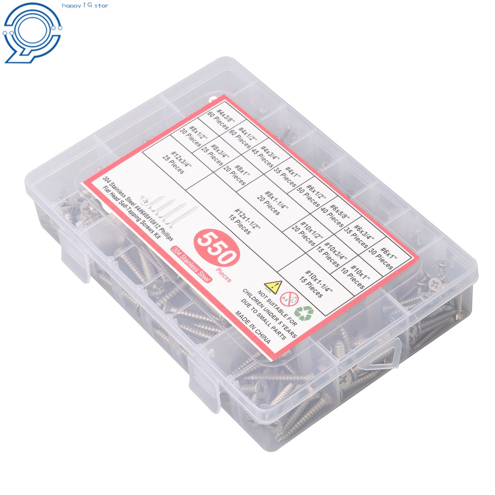 Phillips Flat Head Sheet Metal Screws, 550Piece 304 Stainless Steel Assortment