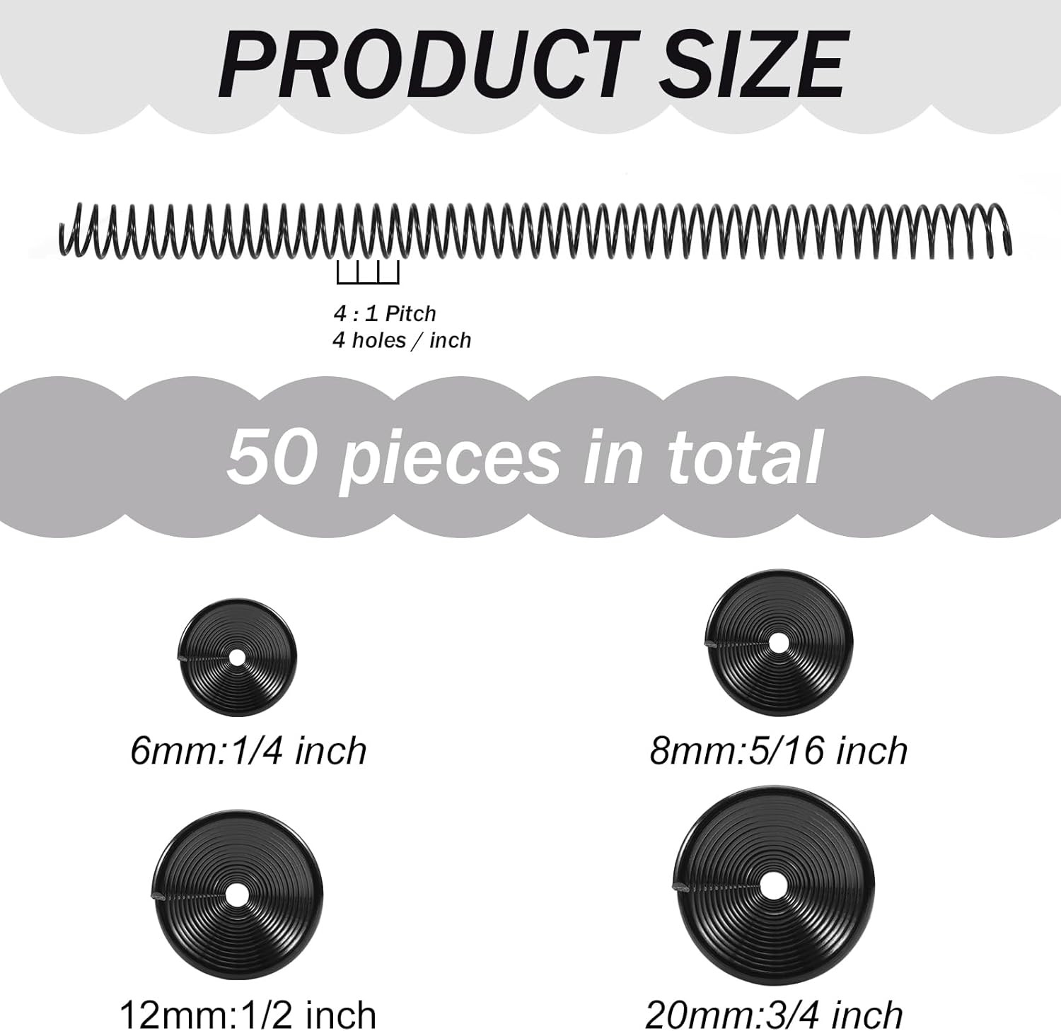 50 Pack Plastic Spiral Binding Coils 4:1 Pitch Spiral Binding Coils Binding Kit