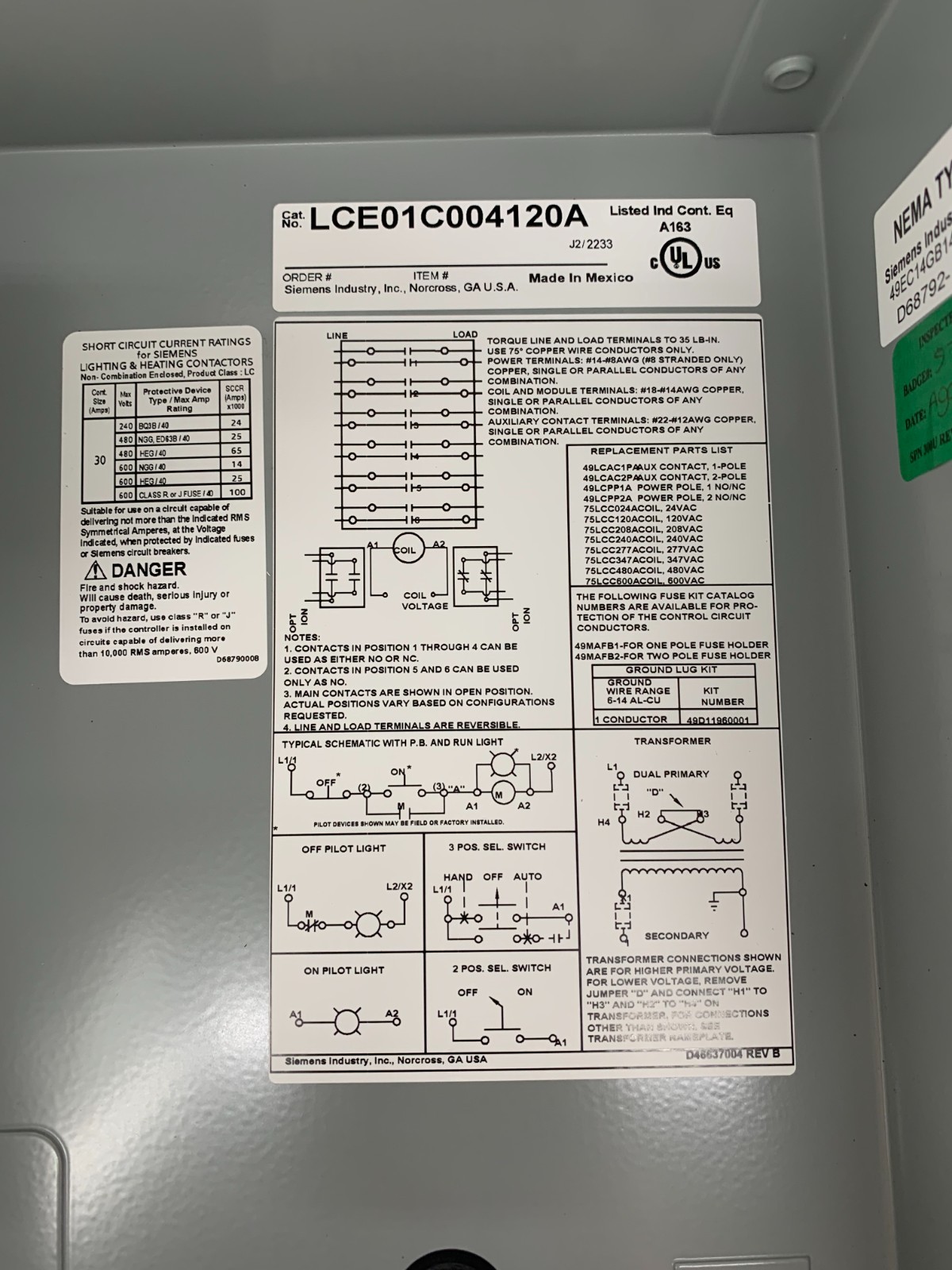 Siemens LCE01C004120A 110/115-120V 30A 4P Electrically Held Lighting Contactor