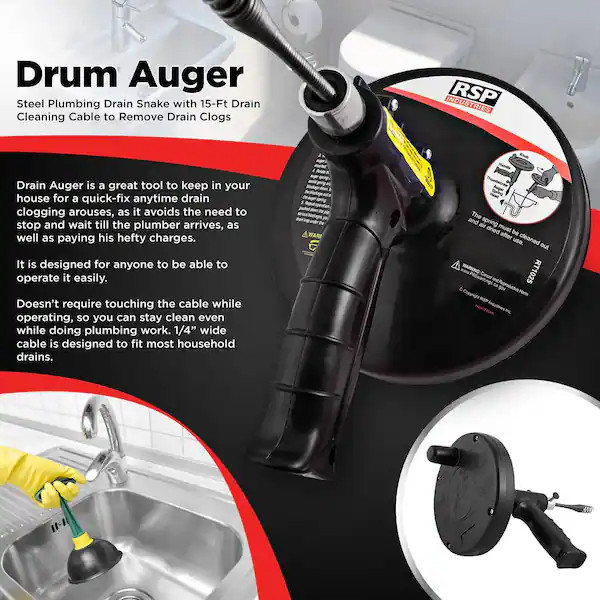 15 ft. Drum Auger Steel Plumbing Drain Snake with Drain Cleaning Cable