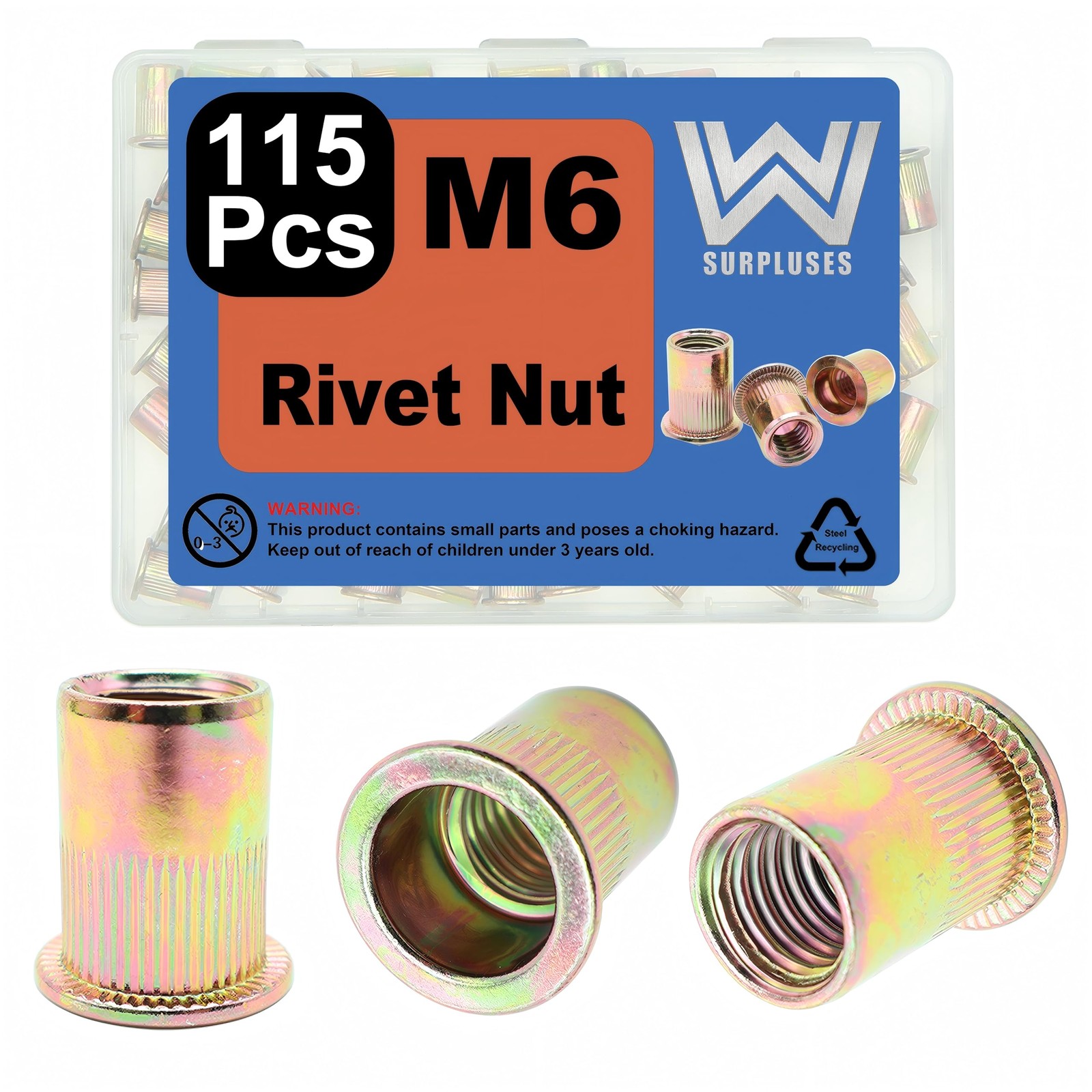 115Pcs M6 Rivet Nut, Zinc Plated M6 Rivnut, M6x1.0 Nut Flat Head Rivet Nut, M…