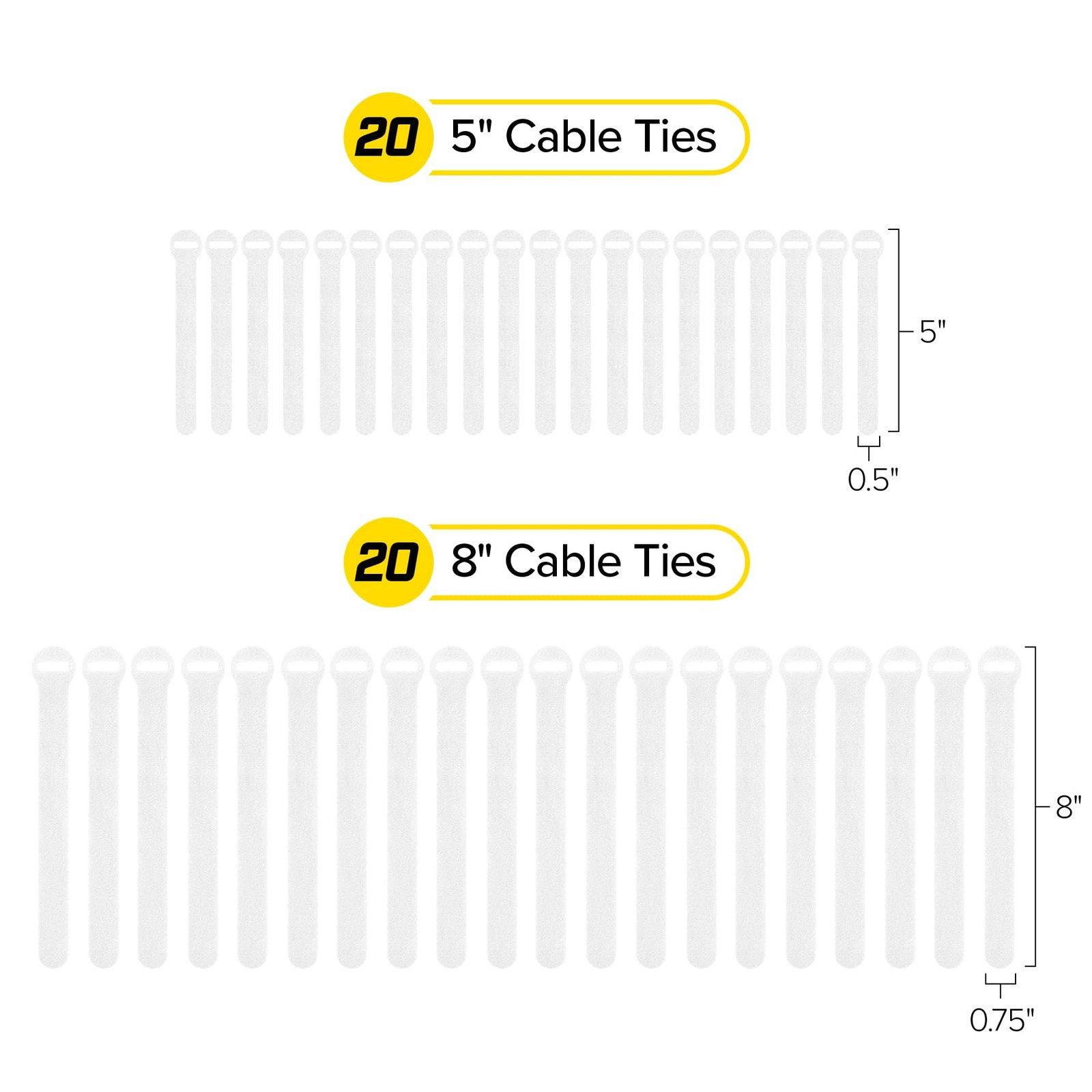 Self-Gripping Cable Ties by , White, 40 Pack (5 Inch and 8 Inch Straps) â€“ Reu