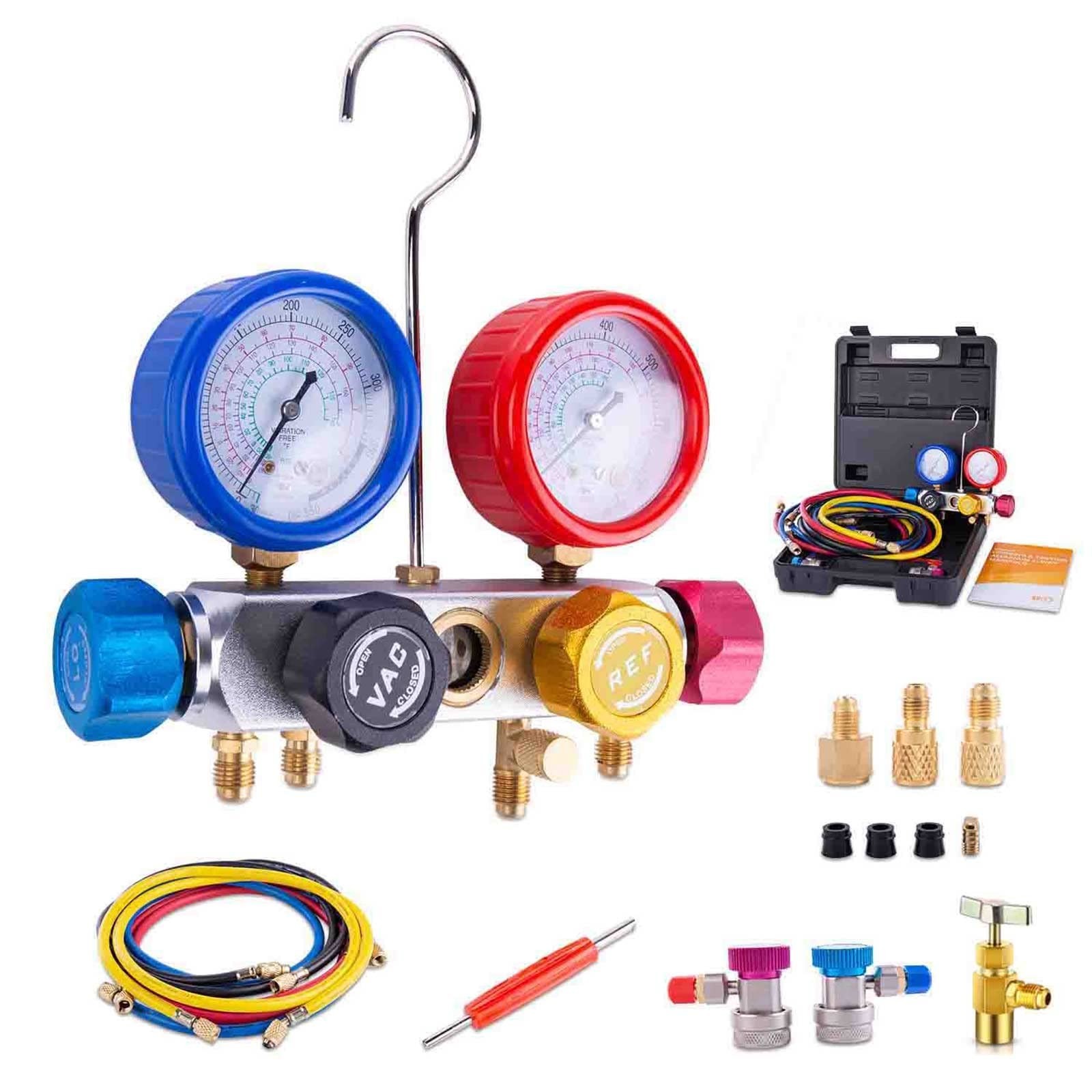 4 Way AC Manifold Gauge Set with 5FT Hoses, R134A R410A R22 Refrigerant Kit