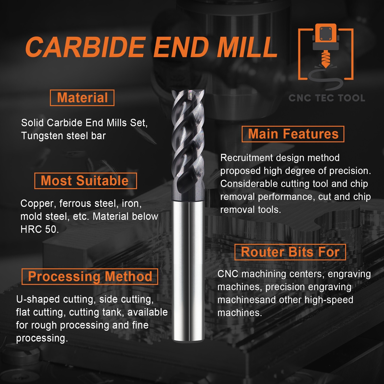 5 PCS 1/8″ 4 Flutes Square 45° Helix Carbide End Mill Bits AlTiCrN Coated HRC 50