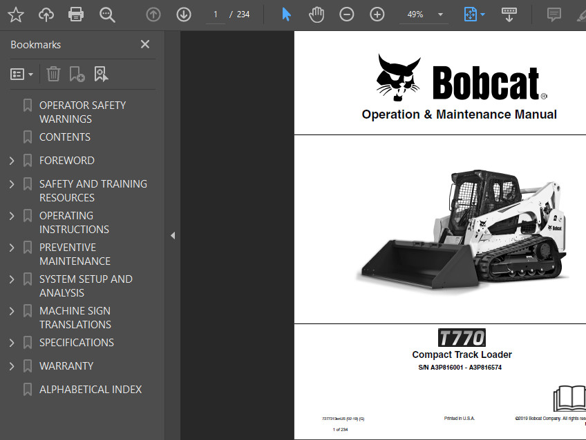 BOBCAT T770 COMPACT TRACK LOADER OPERATORS SERVICE REPAIR SHOP MANUAL PDF USB