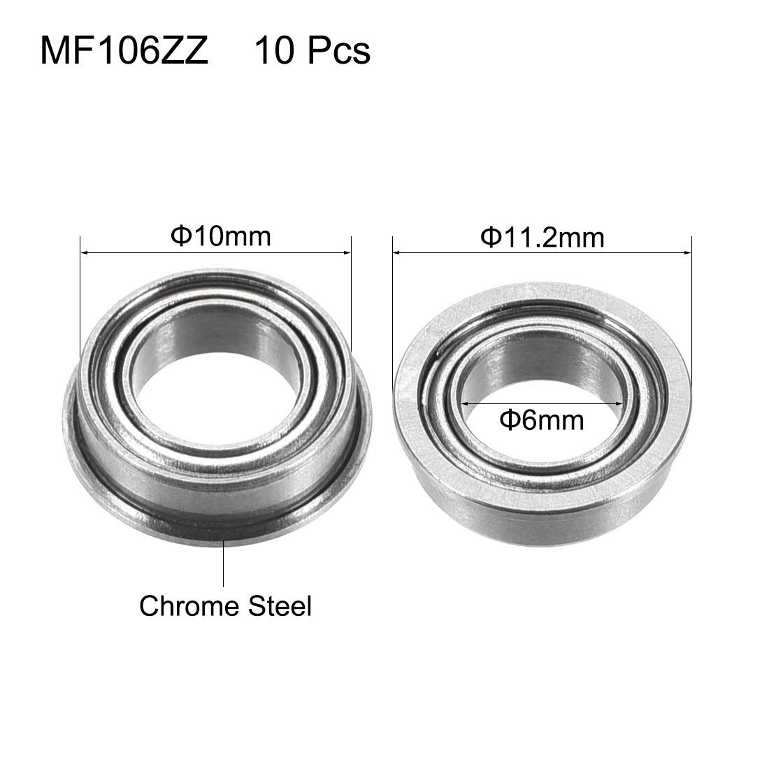 MF106ZZ Flanged Ball Bearing 6X10X3Mm Double Metal Shielded (Gcr15) Chro
