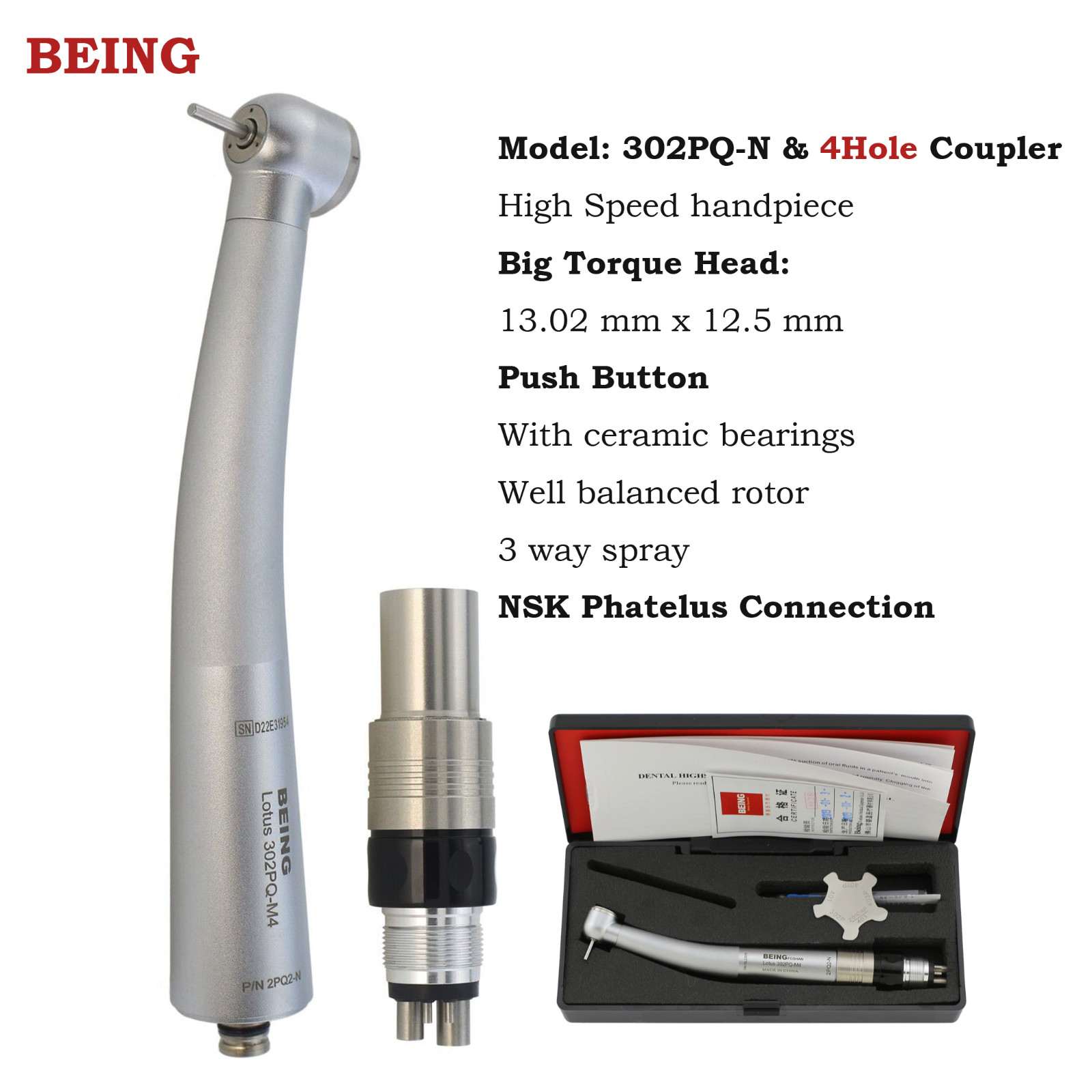 BEING Dental High Speed Handpiece Fiber Optic Turbine LED Coupler fit NSK