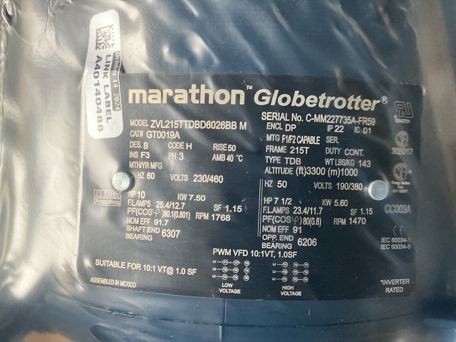 NEW Marathon Motor, 10 & 7.50 HP, 3 Ph, 60 & 50 Hz, 230/460V, 215TTDBD6026BB