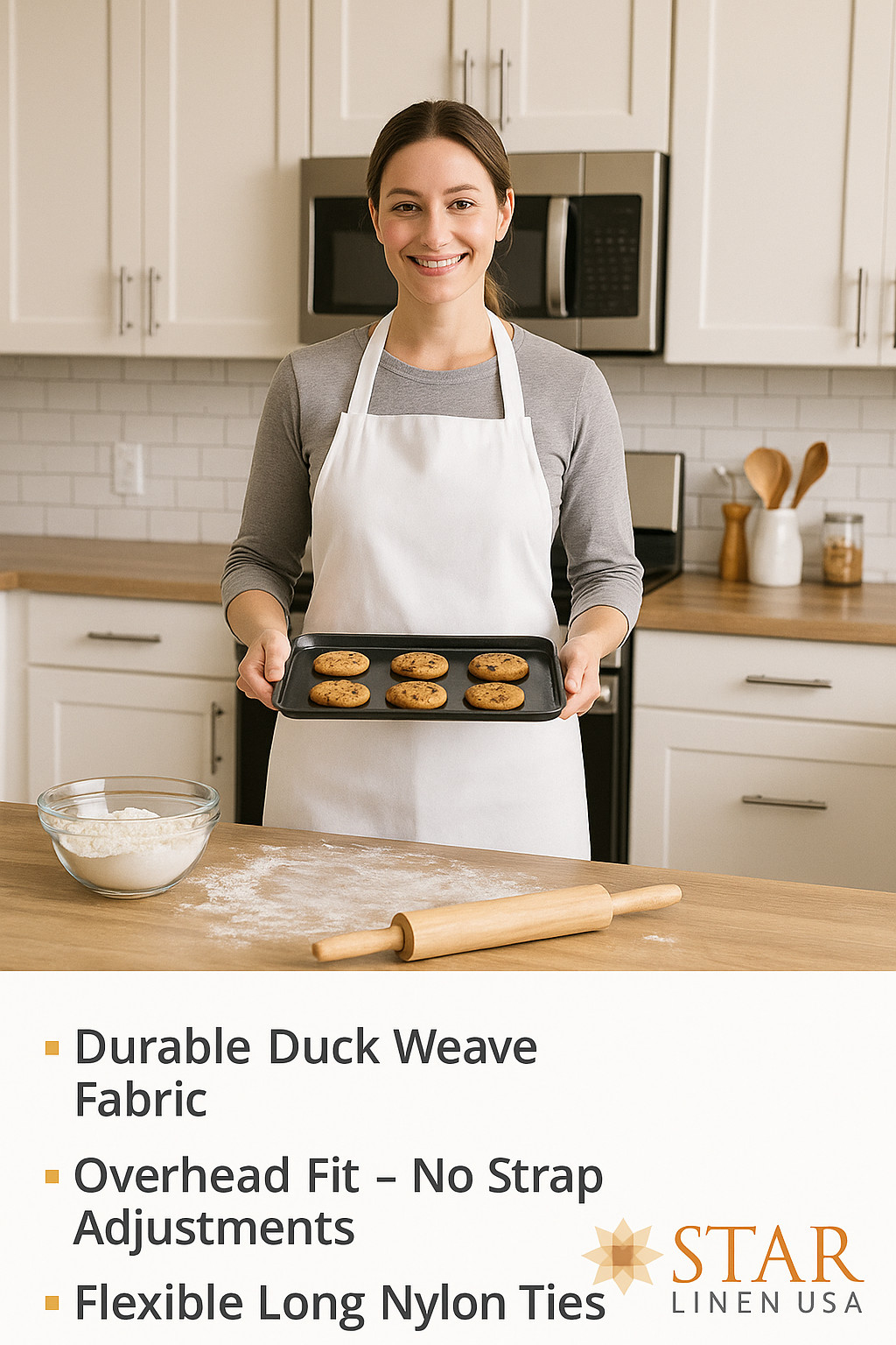 34″ x 36″ White Bib Apron Without Pockets, Duck Weave Cotton-Poly Blend Long Tie