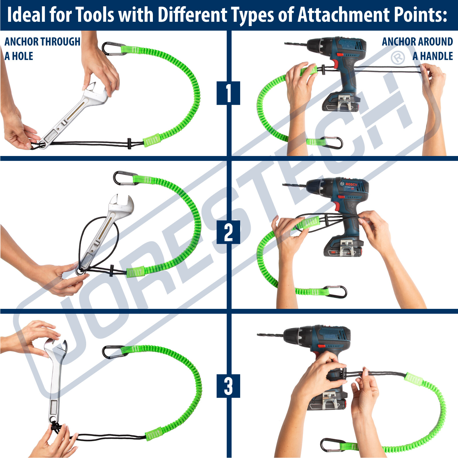 Tool Lanyard Shock Absorbing with Carabiner, 15lbs JORESTECH