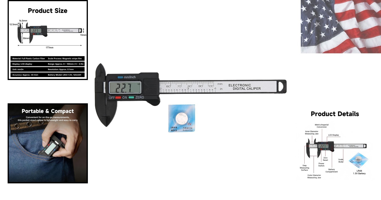 Electronic Digital Display Caliper, 0‑100mm/ 4in Lightweight Carbon Fiber Com…