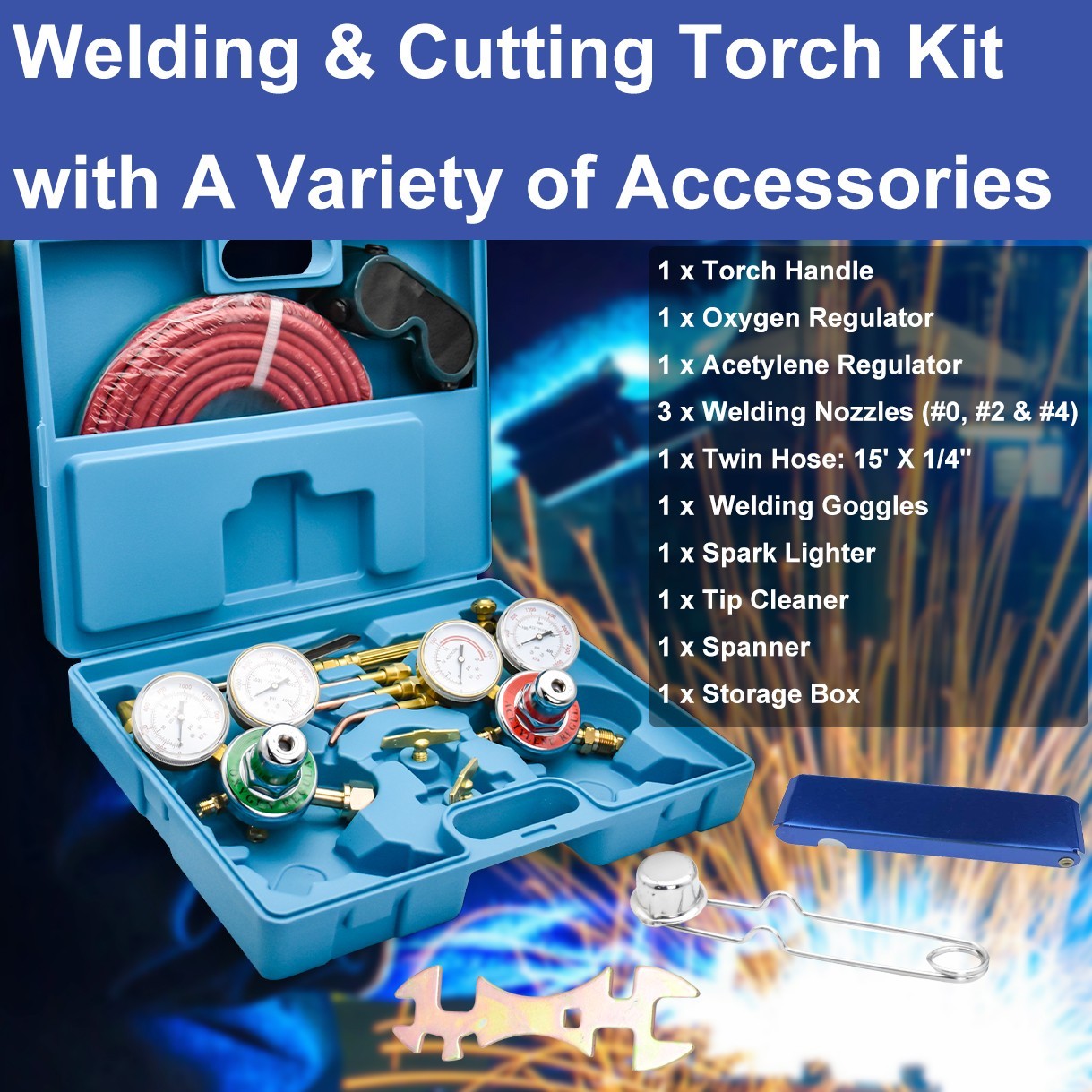 Oxygen Acetylene Gas Cutting Torch Regulator Welding Kit w/15′ Hose Glasses Case