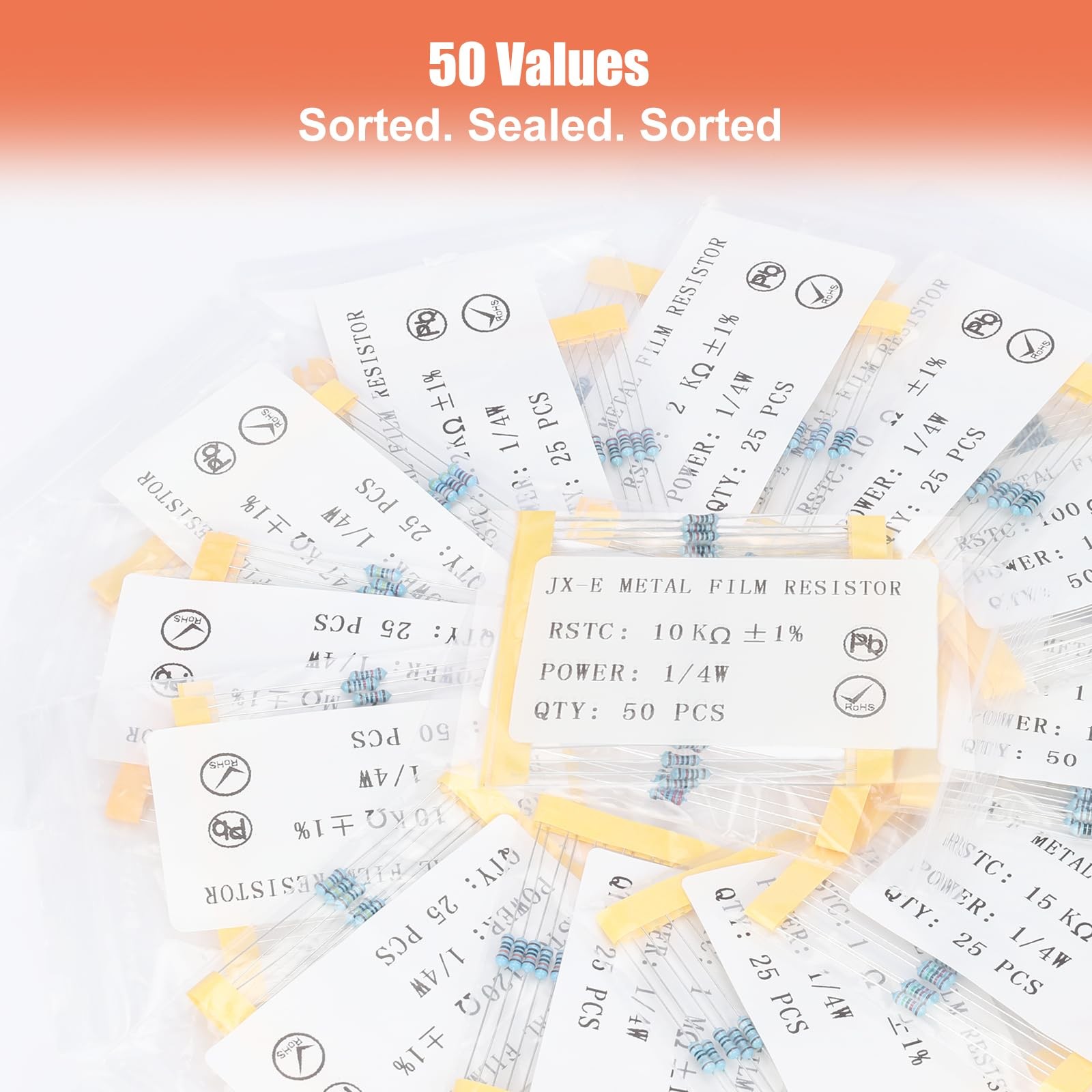 JX-E 1350-Pcs Precision Resistor Kit, 50 Values from 0 Ohm to 5.6M Ohm, 1/4 W