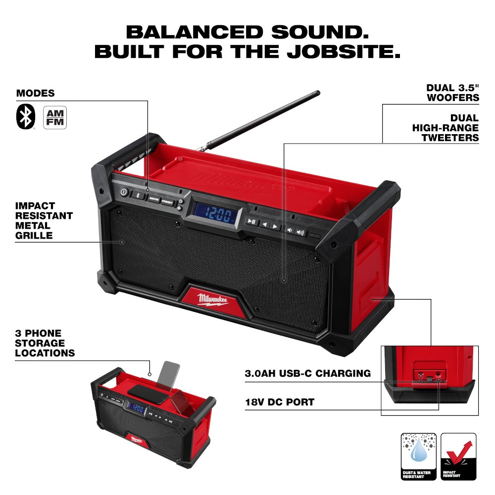 Milwaukee 2952-20 M18 18V Cordless Bluetooth Jobsite Radio (Radio Only)